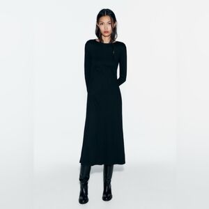 Zara Black Ribbed Crew Neck Fit & Flare Midi Dress Whimsigoth CorpCore